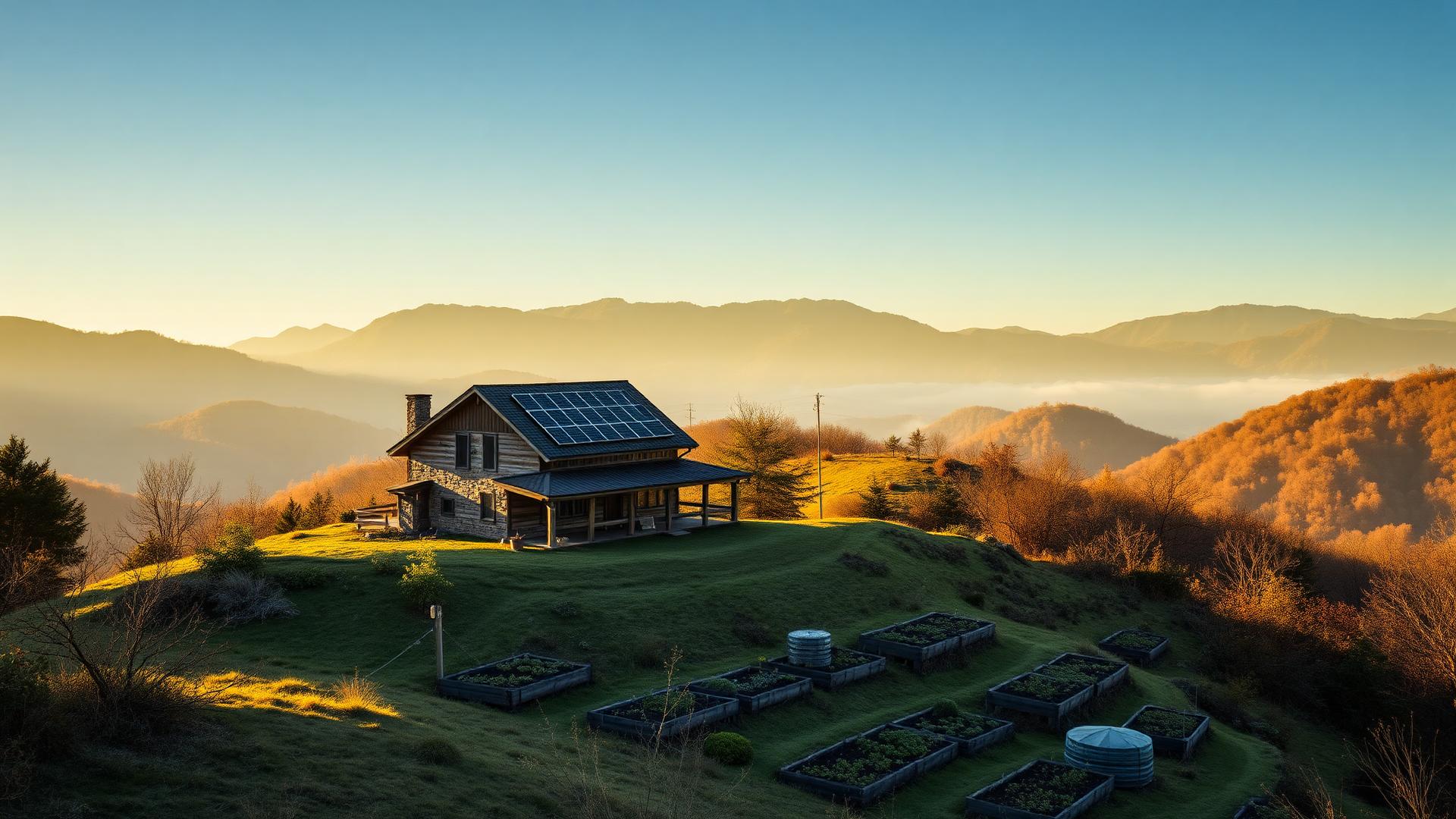 Thriving mountainside homestead with a solar array, terraced garden beds and a full water tank at golden hour